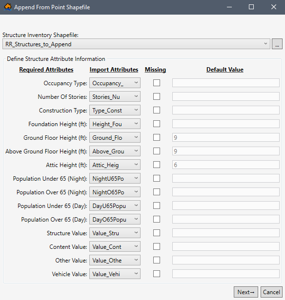 Example – Append From Point Shapefile Dialog Box