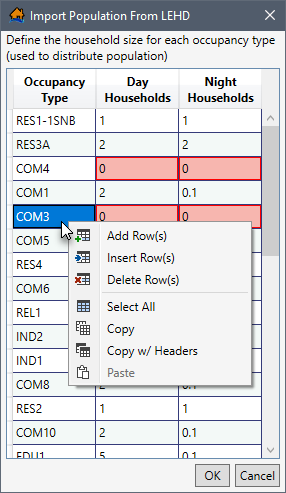 Import Population From LEHD Dialog Box – Shortcut Menu – Example with Errors