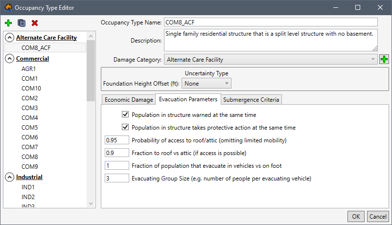 Occupancy Type Editor – Evacuation Parameters Tab