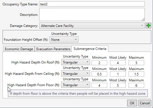 Occupancy Type Editor – Submergence Criteria Tab – Default Values