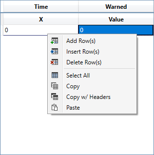 Warning And Protective Action Data Editor – First Alert Tab – Table Shortcut Menu