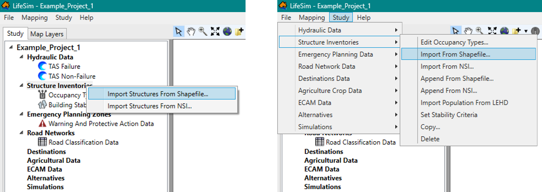 Import Structures From Shapefile - Study Tree Shortcut Menu (left) and Study Menu Bar (right)