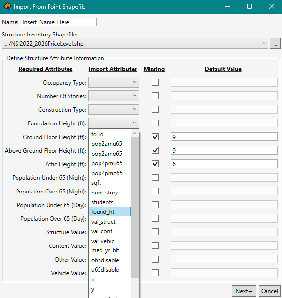 Define Structure Attribute Information – Foundation Height (Numerical Attribute)