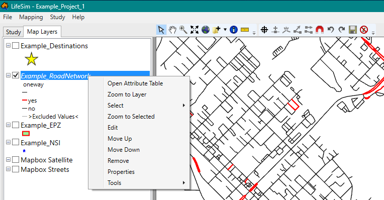 Map Layer Tab - Example Road Network - Shortcut Menu Options