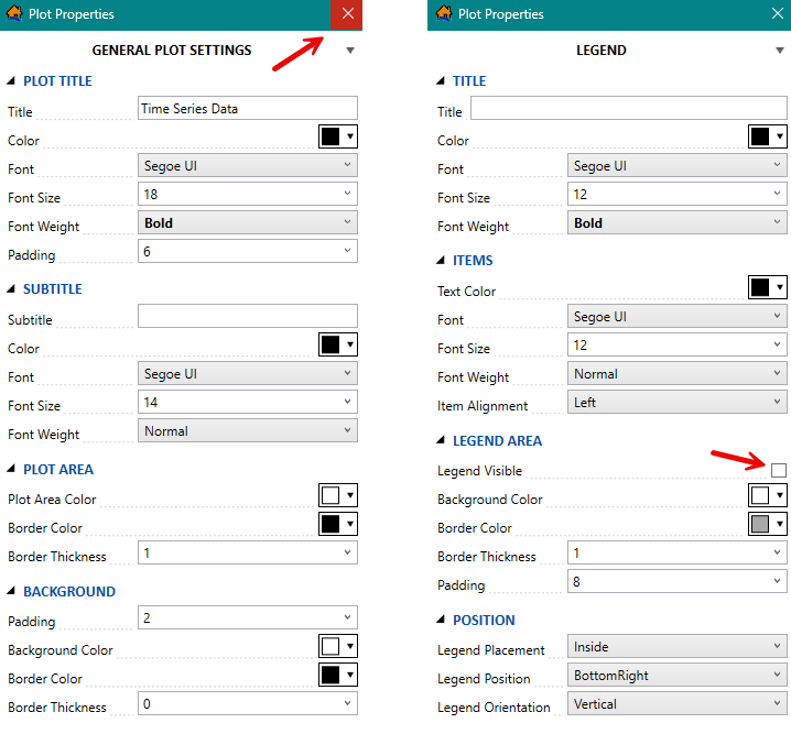Plot Properties Dialog Box: Close Dialog Button (left) and Checkbox Options (right)