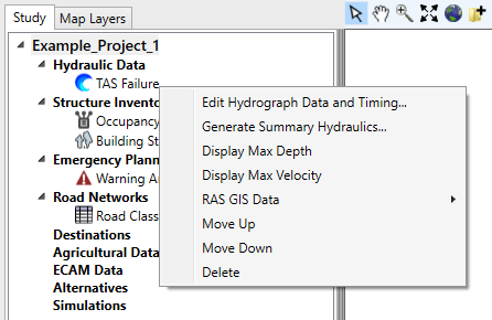 LifeSim Main Window – Study Tree – Individual Hydraulic Dataset – Shortcut Menu
