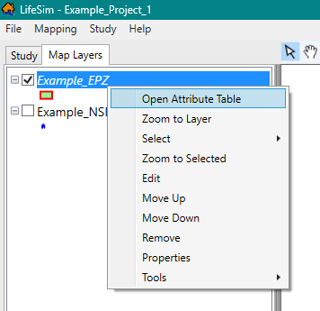 LifeSim Main Window – Map Layers Tab – Open Attribute Table Shortcut Menu