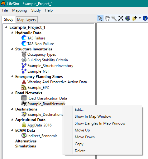LifeSim Main Window - Study Tab - Road Networks - Shortcut Menu Options