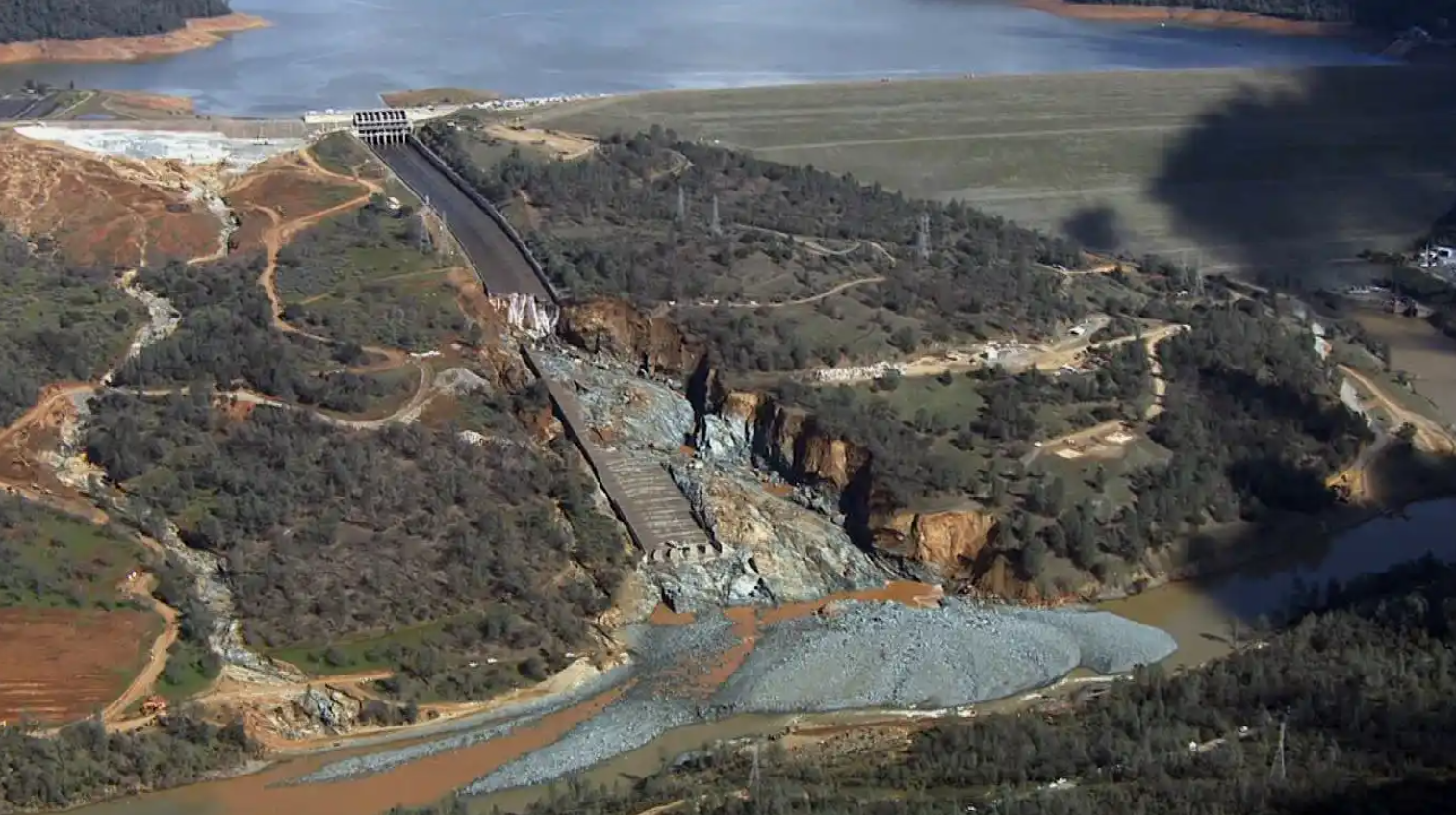 Aerial image of damaged Oroville Dam service spillway on February 27, 2017.