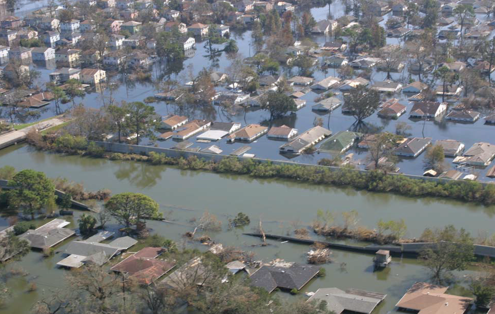 NOLA flooded during Hurricane Katrina due to l-wall breach.