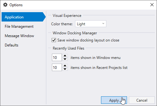 Options Dialog with Light Color Theme.