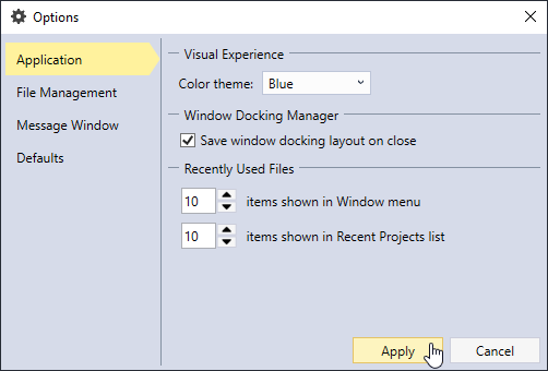 Options Dialog with Blue Color Theme.