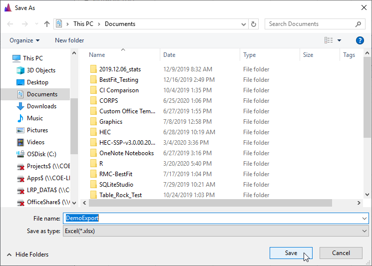 Save As Dialog for Exporting Series Data.