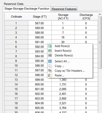 Options available when right clicking within stage-storage-discharge table.