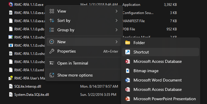 Creating a shortcut from File Explorer.