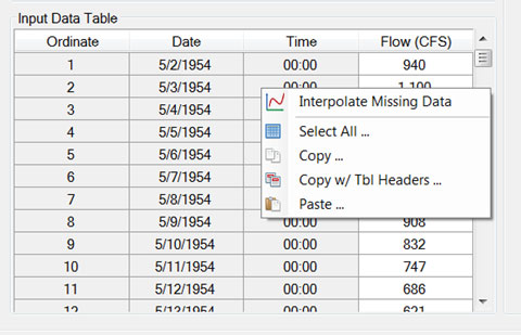 Examples of options available when right clicking on data table.