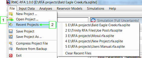 Opening an existing project, using 1: Open Project... or 2: Recent Projects