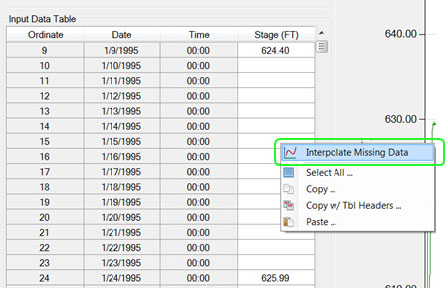 Interpolate missing data option appears when right clicking in the table.