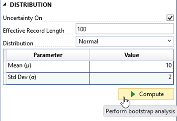 Displays the Distribution section of the parametric response function properties window to define the parametric distribution. There are buttons to compute the
parametric hazard function and to perform bootstrap analysis at the bottom of the window.