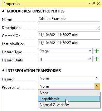 The Tabular Response properties window displaying name, description, created on and last modified dates, hazard type, hazard units, and interpolation transforms.