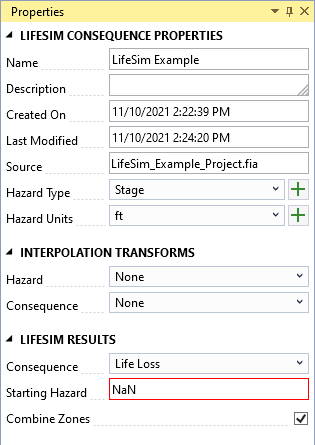 Displays the LifeSim Consequence function Properties window with LifeSim consequence properties, interpolation transforms, and LifeSim results sections of the inputs.