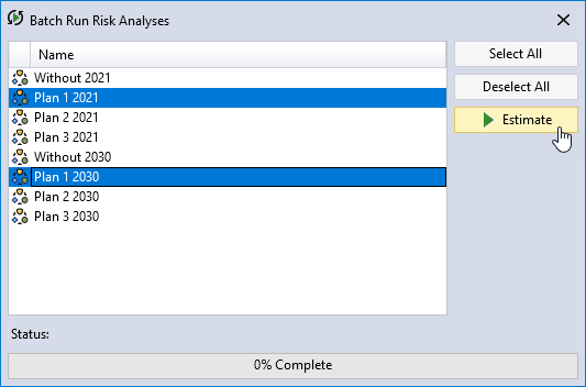 The batch run dialog lists all the risk analyses vertically in a scrollable list. Multiple analyses can be selected and run.