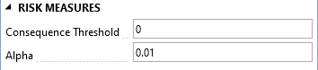 Risk measures options window displaying text boxes for entering consequence threshold and alpha values.