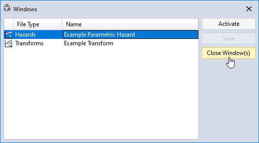 The windows dialog lists all open windows vertically in a scrollable list.