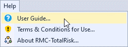 The help menu drop-down with options to open the user guide, terms and conditions for use, and the about splash screen.
