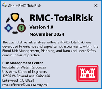 The about splash screen showing the software icon, version number, and contact information.