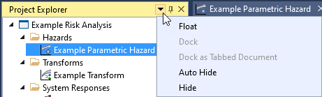 The tool window title bar drop-down showing options to float or hide the window.