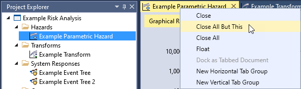 The document window drop-down showing several options to close, float, and create new horizontal or vertical tab groups.