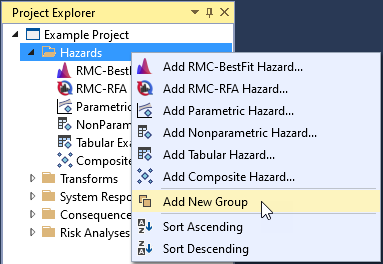 The hazards folder is right-clicked to display the context menu with several options such as creating a new folder group.