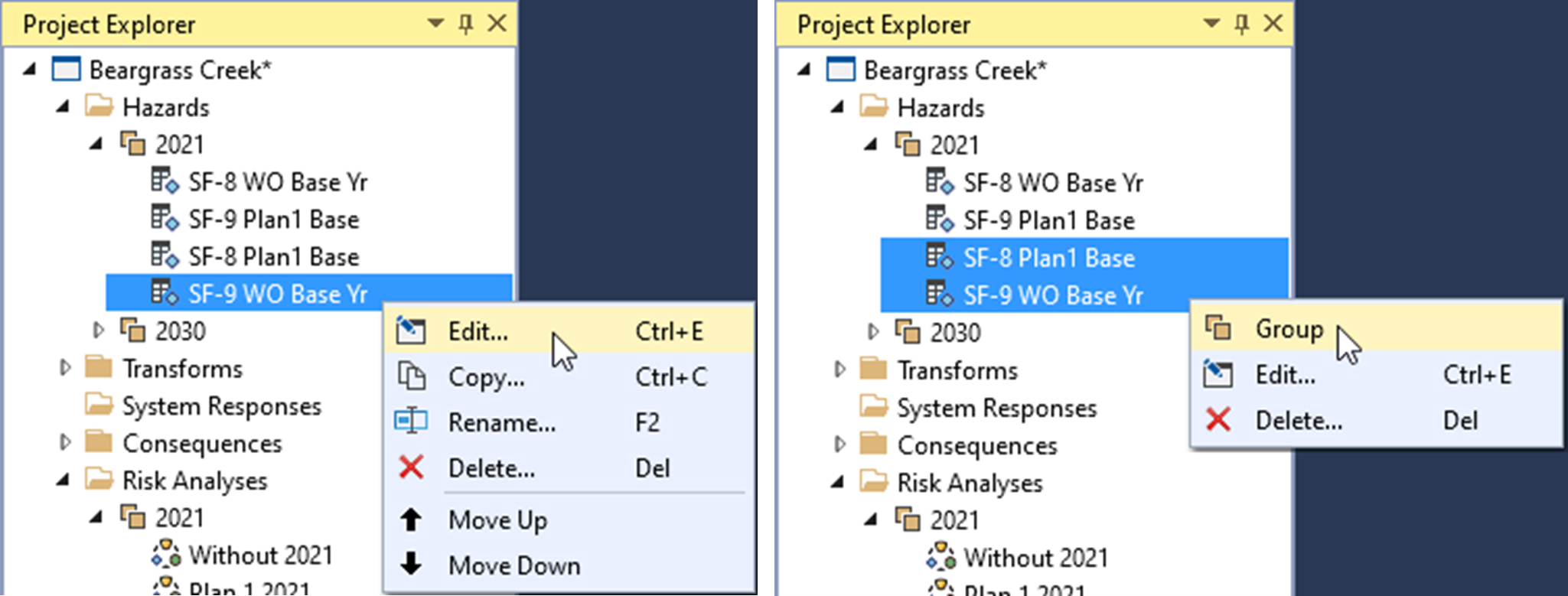 Different context menu options are available when clicking on single selections or multiple selections.