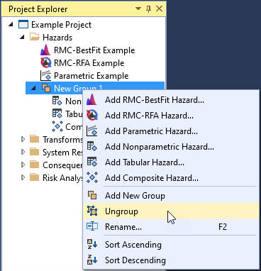Right-clicking a group header provides several options, such as ungrouping all the elements.