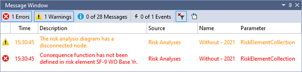 The message window showing one error message in red and one warning message in orange.