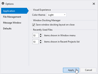 Application options with the light color theme selected. Other options are shown for managing the docking layout and recent file list.