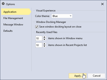 Application options with the blue color theme selected. Other options are shown for managing the docking layout and recent file list.