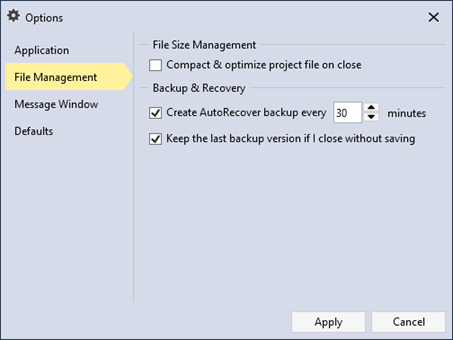 The file management options to manage file size and create and recover backup files.