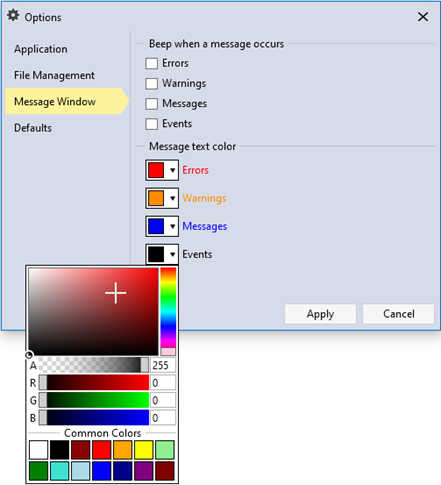 The message window options to set the sound effects and colors of the message types.