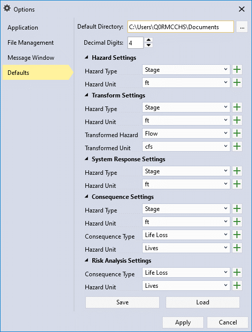 The default options to set the decimal digits and hazard type and units of project input functions.