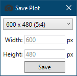 The save plot dialog with options to save as PNG, PDF, or SVG and to set the width and height of the image.