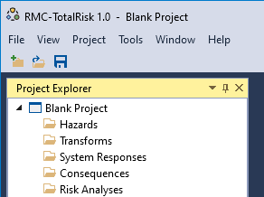 The Blank Project file includes folders such as Hazards, Transforms, System Responses, Consequences, and Risk Analyses.