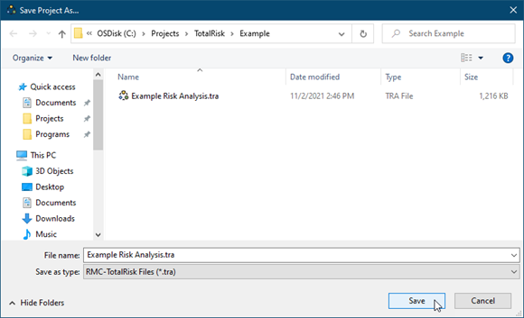 The Save Project As… window allows the user to save the project at their desired location. Users can also change the project file name.
