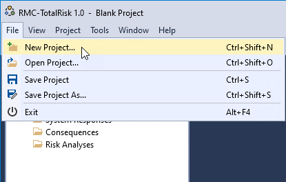 The File menu includes options to create a new project, open an existing project, save a project, and exit the widow.