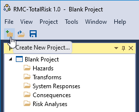 The New Project button on the toolbar creates a Blank Project file with folders such as Hazards, Transforms, System Responses, Consequences, and Risk Analyses.