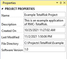 The Properties window shows the name and description of the project. This window also shows when the project was created and last modified. It also shows the project file directory, and the software version.