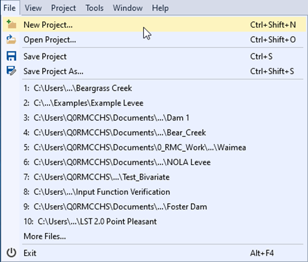 The file menu drop-down with new, open, save, save as, and recent project options.