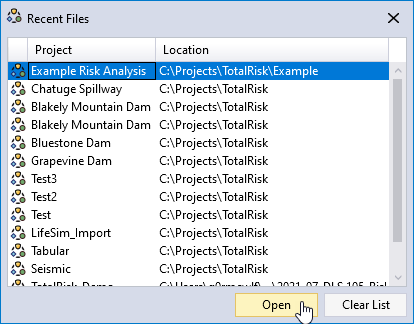 The recent file dialog lists all recent files vertically in a scrollable list.