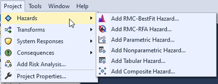 The project menu drop-down with options to create input functions, create a risk analysis, and edit the project properties.